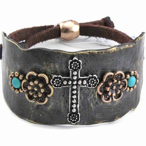 Rustic Turquoise Bead Accent Flower Cross Cuff Adjustable Strap Bracelet - Picture 1 of 2